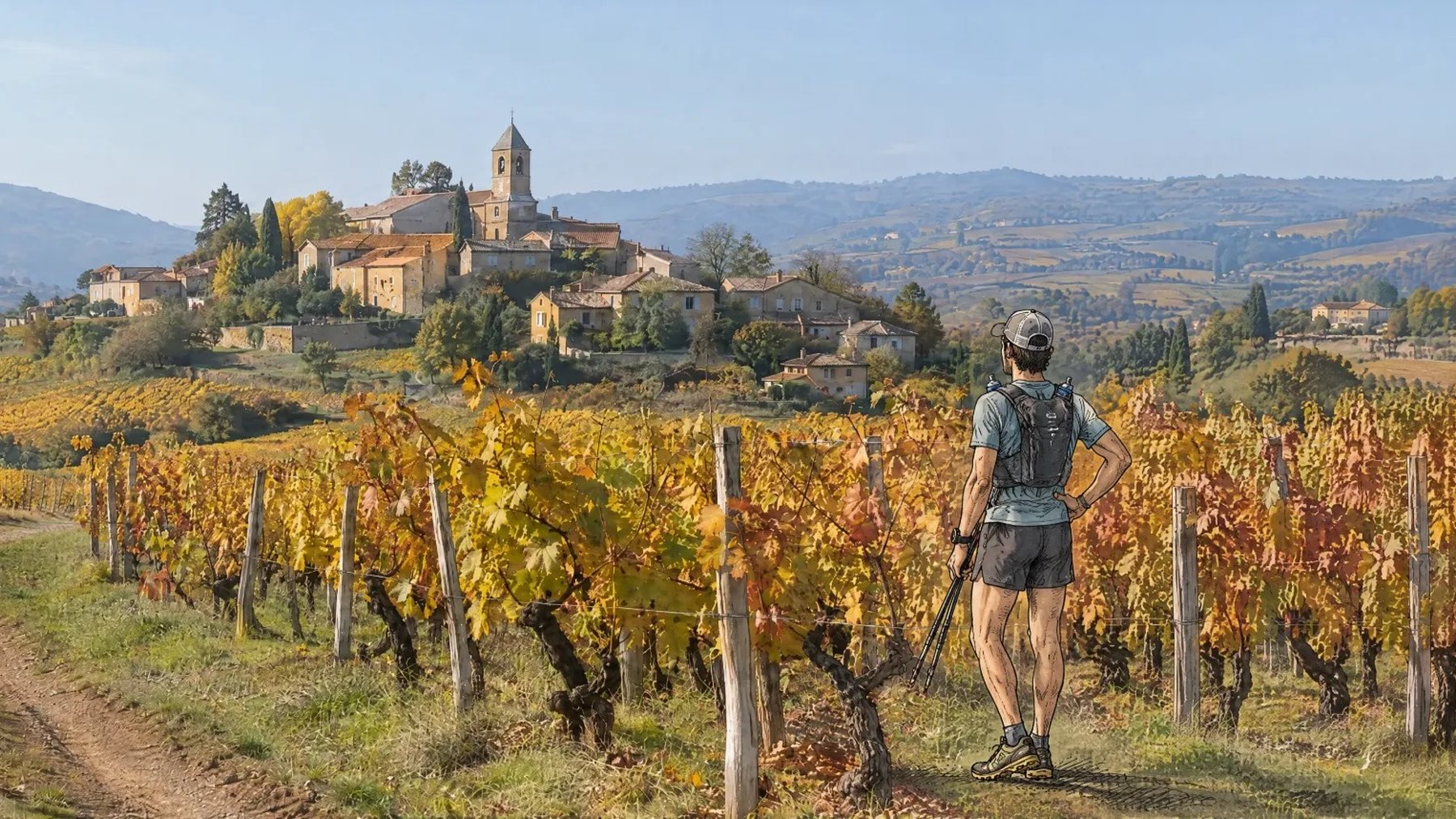 Un coureur s'arrête sur un chemin entre les vignes et regarde un village perché.