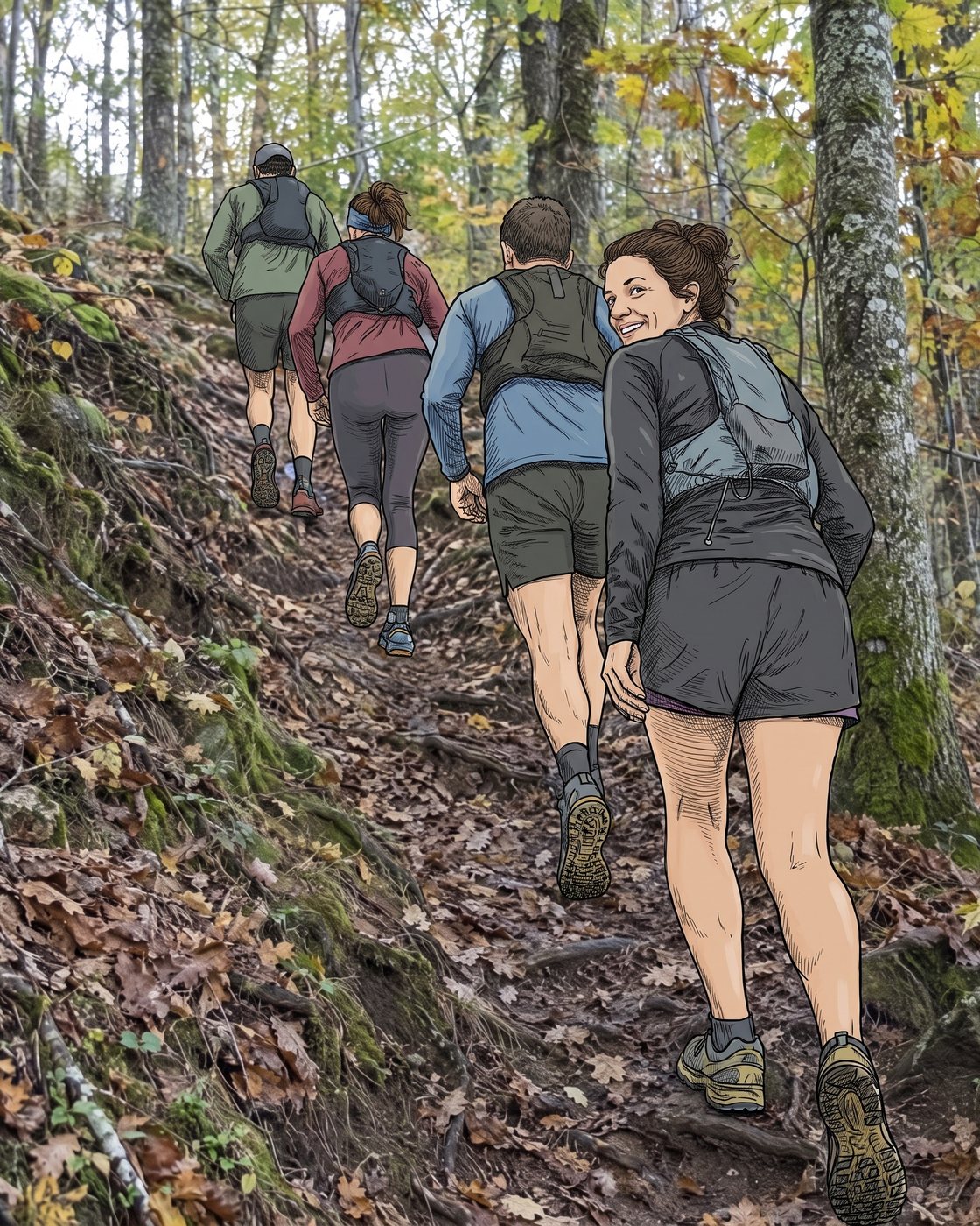 Quatre coureurs montent un sentier raide dans une forêt d'automne, la dernière se retourne en souriant.