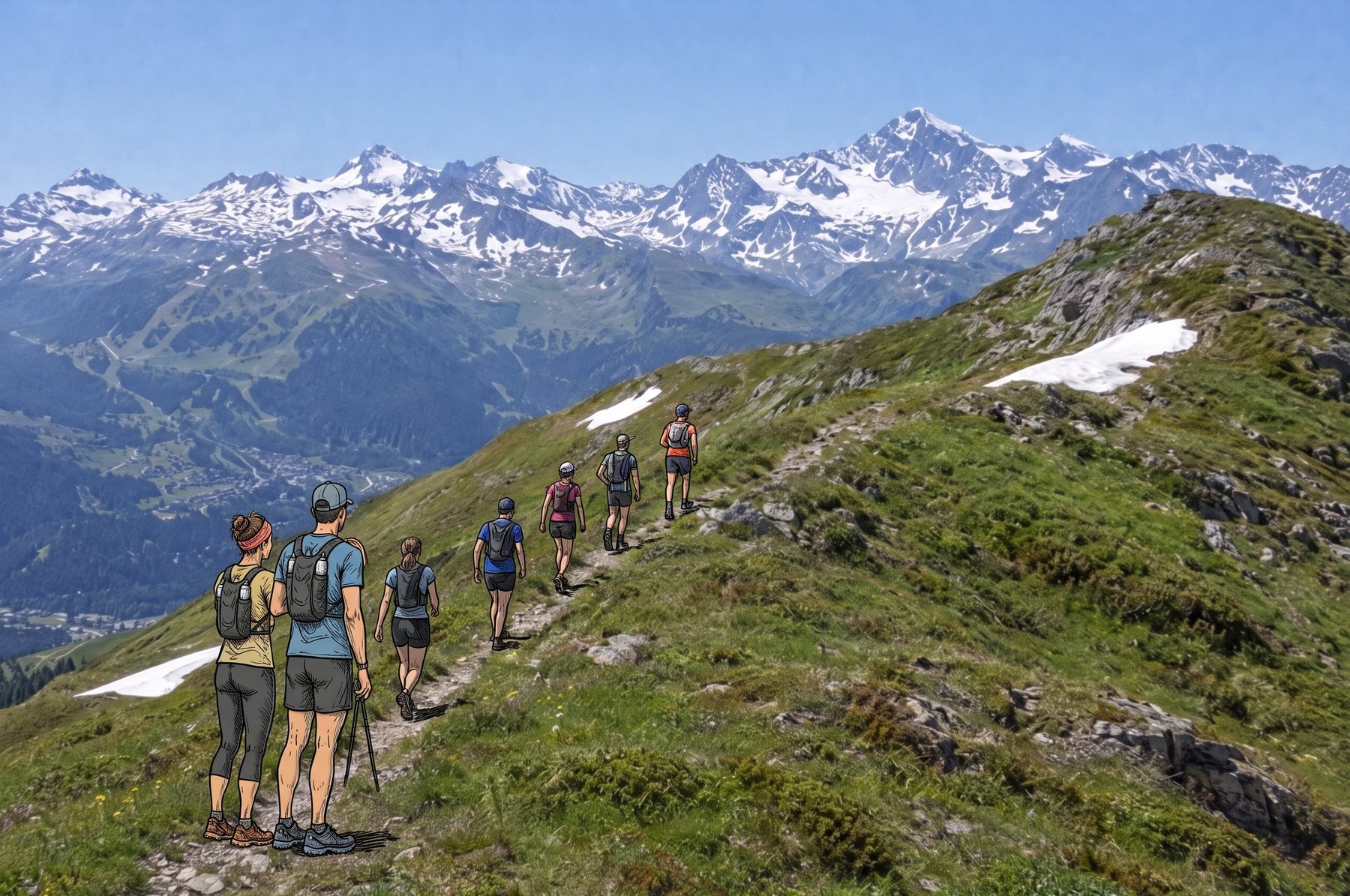 Coureurs en file sur une crête herbeuse face aux sommets enneigés.