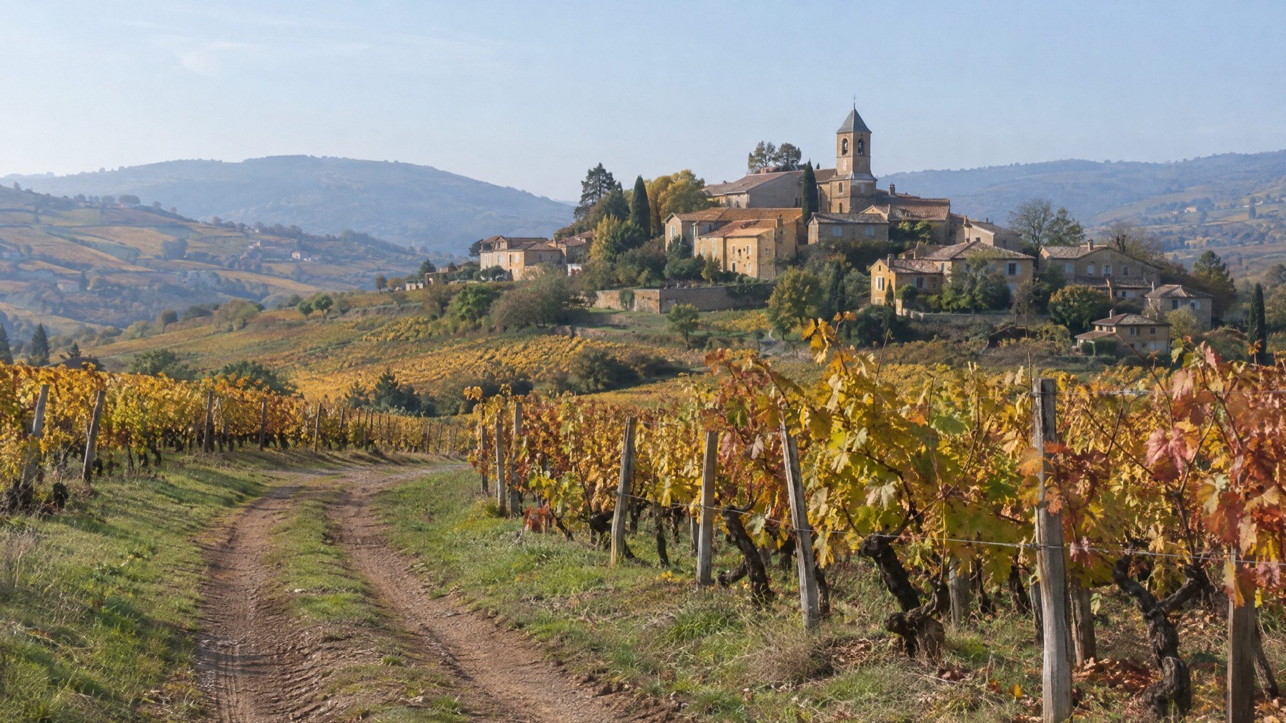 Vignes d'automne et village de pierres dorées dans le Beaujolais.